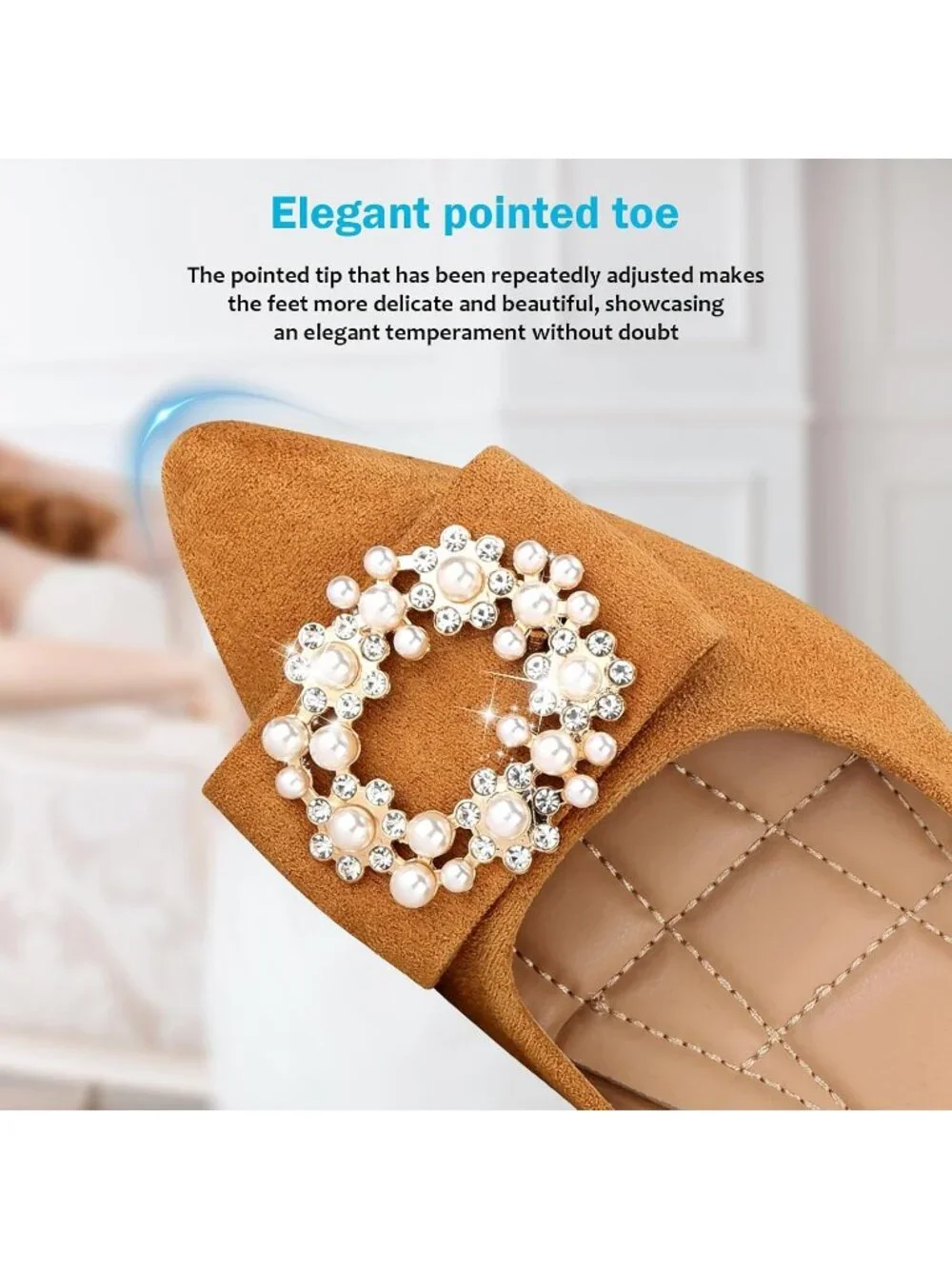 Women's 01-Brown Pointed Toe Pearl Flats Comfort Non Slip Soft Sole Office Shoes